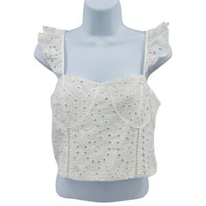 KIRIOUS Eyelet Lace Ruffle Sleeves Bustier Crop Top WMNS L White Eyelet Smocked